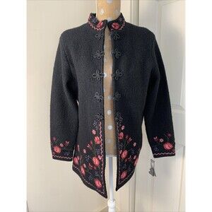 Carole Little 100%Wool Flower Embroidered Sweater Open Front Jacket Size Medium